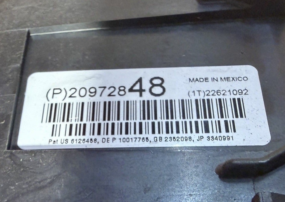 Original GM junction block identification label showing part number 20972848