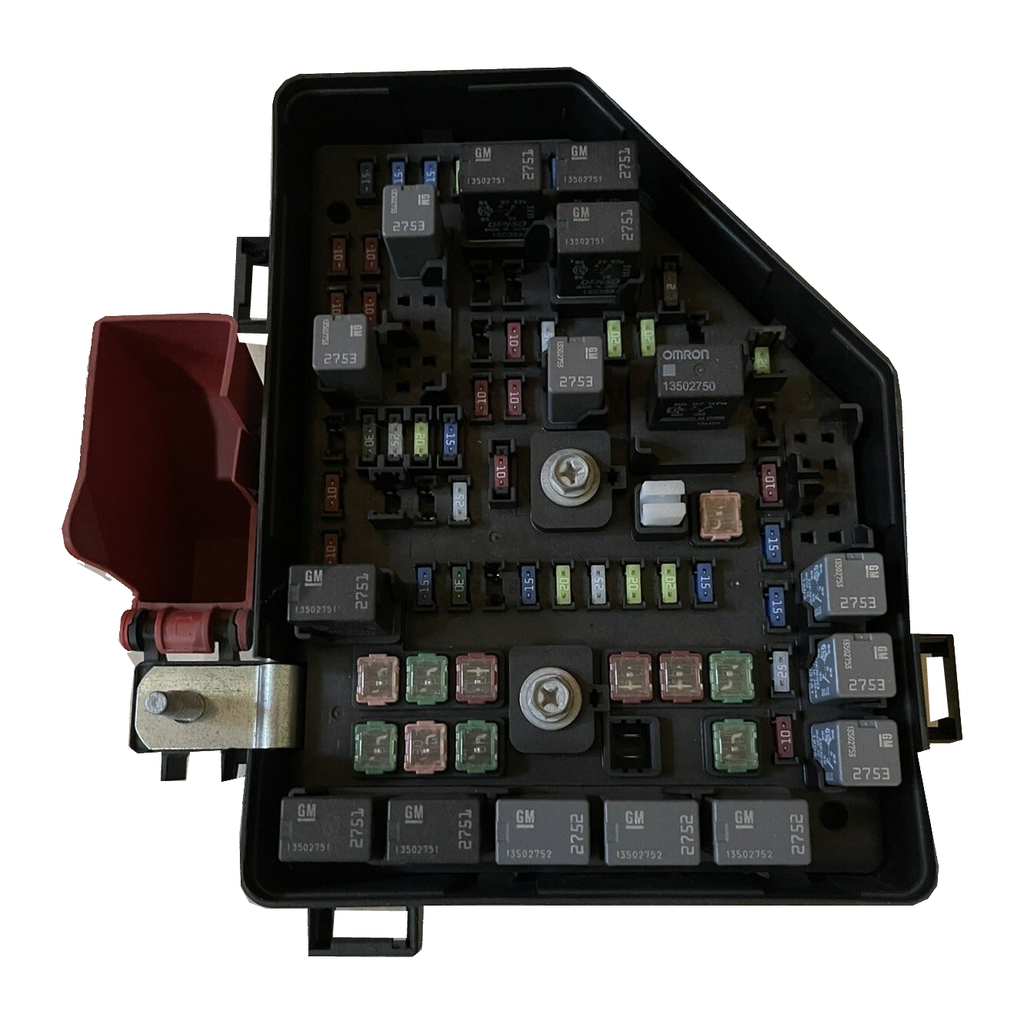 GM junction block 20972849 for 2012 GMC Acadia and Buick Enclave showing fuse and relay layout