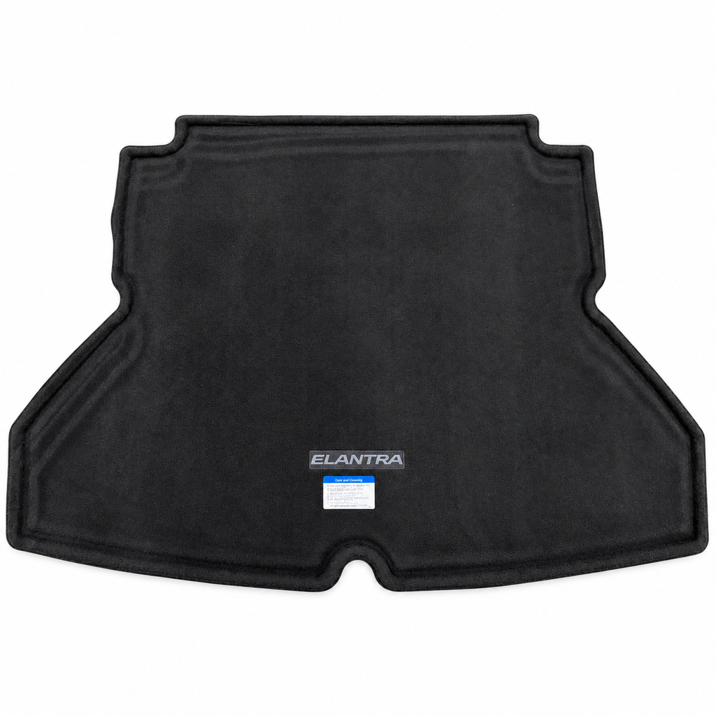 2017-2020 Hyundai Elantra OEM cargo mat F3212-ADU01 — black carpet side with Elantra logo