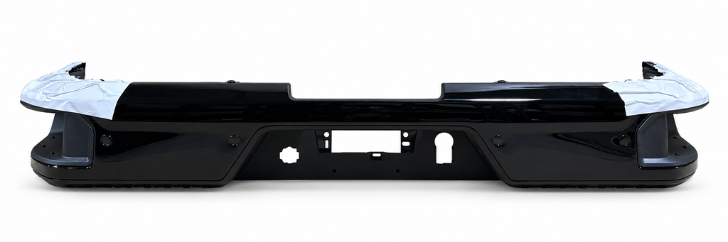 Black Silverado HD rear bumper with parking sensors and original protective film