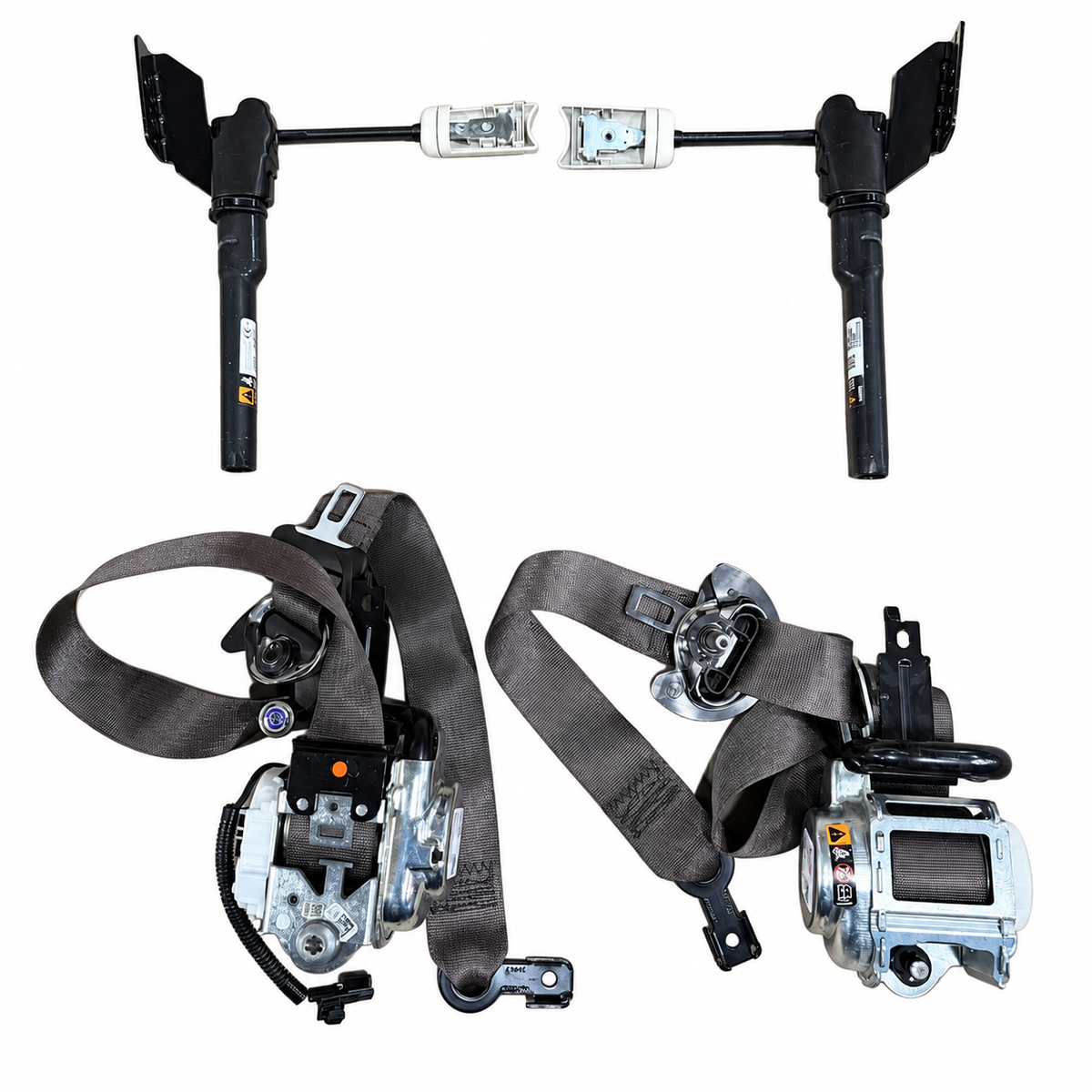 Brown Atmosphere GM front left and right seat belts with two tensioners, four-piece set on white background